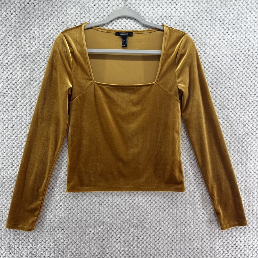 Forever 21 Top Womens L Mustard Velvet Square Neck Y2K Long Sleeve Whimsy Fairy